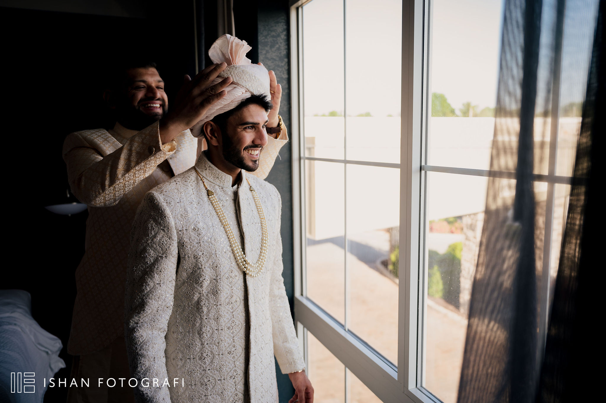 Groom in traditional attire gets ready at his New Jersey Indian wedding