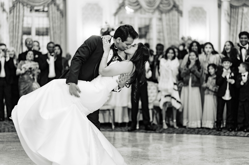 Romantic photo of the couple's first dance at their Pleasantdale Chateau wedding in New Jersey.